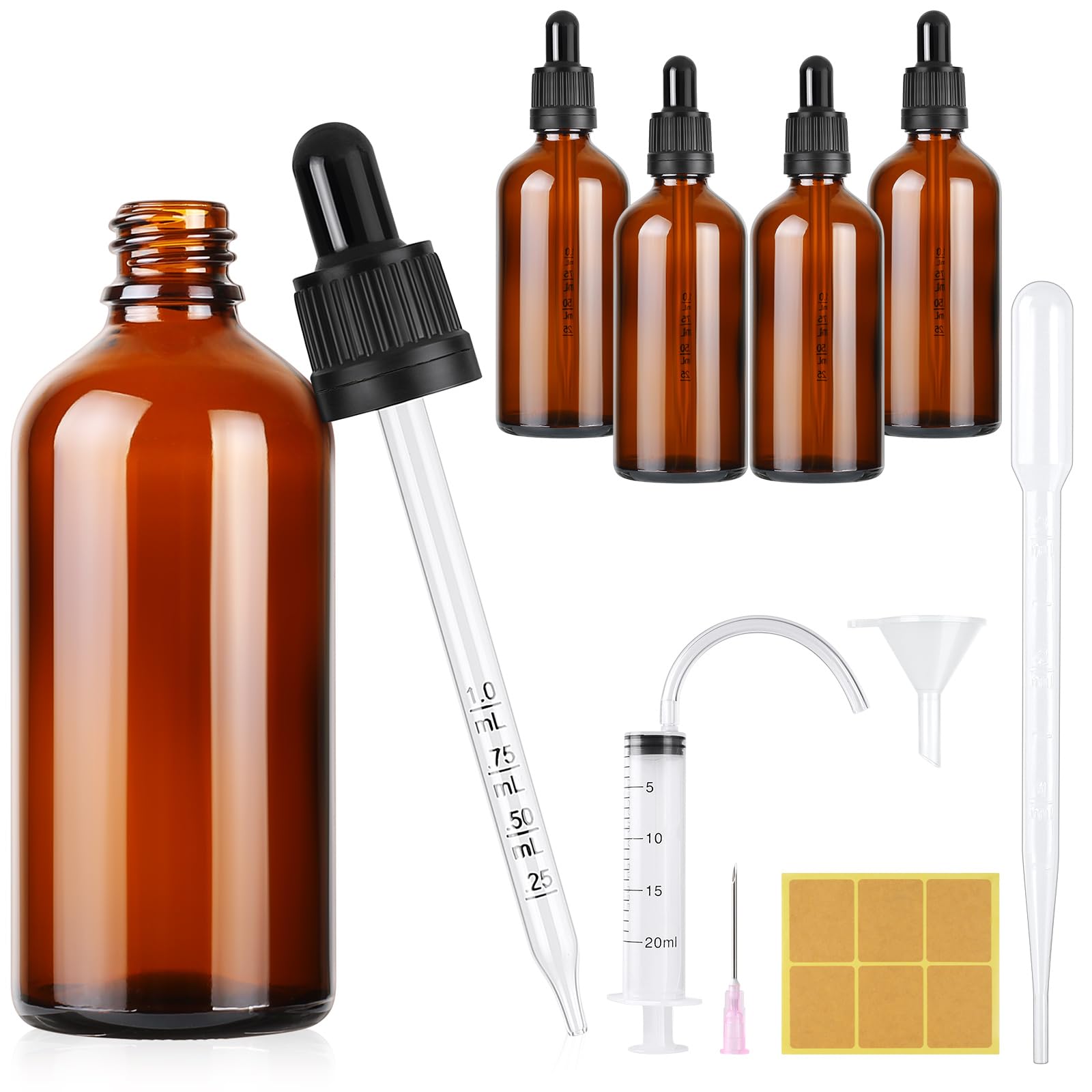 Furuising 4PCS 100ml Glass Dropper Bottle, Pipette Dropper Bottle, Reusable Amber Glass Dropper Bottles with 3ml Dropper, 20ml Syringe, Funnel, Stickers for Essential Oils Aromatherapy