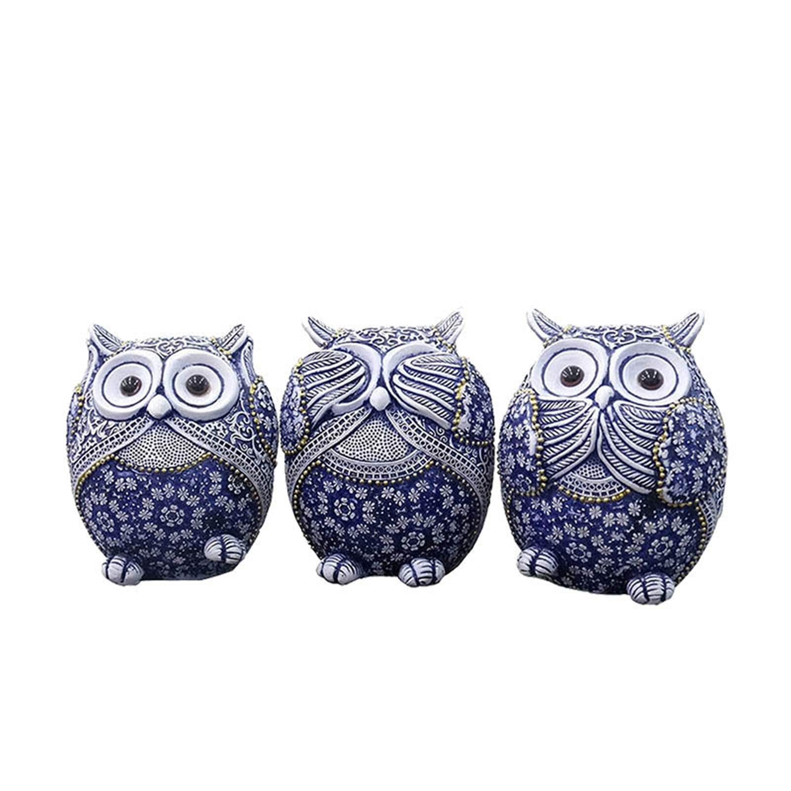 Juanxian 3 Owl Figurines Decor See No Evil Hear No Evil Speak No Evil Cute Owl Statue Crafted Animal Sculpture Ornament for Home Office Tabletop Blue | W4397