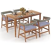 HAPPYGRILL 5 Pieces Patio Dining Set, Acacia Wood Patio Table and Chairs Set with Cushions, PE Rattan Outdoor Furniture Set f