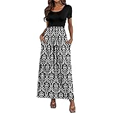 HAOMEILI Women's Short Sleeve Floral Print Scoop Neck Loose Plain Maxi Dresses Casual Long Dresses with Pockets(Black White 2XL)