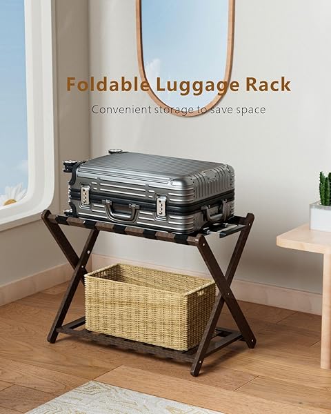 HONYQISHUO LUGGAGE RACK FOR GUEST ROOM, FOLDING SUITCASE STAND WITH STORAGE SHELF 5 NYLON STRAPS FOLDABLE FOR EASY STORAGE BAMBOO STAND HOLDER SHELF FOR BEDROOM LIVING ROOM HOTEL ESSENTIALS BROWN