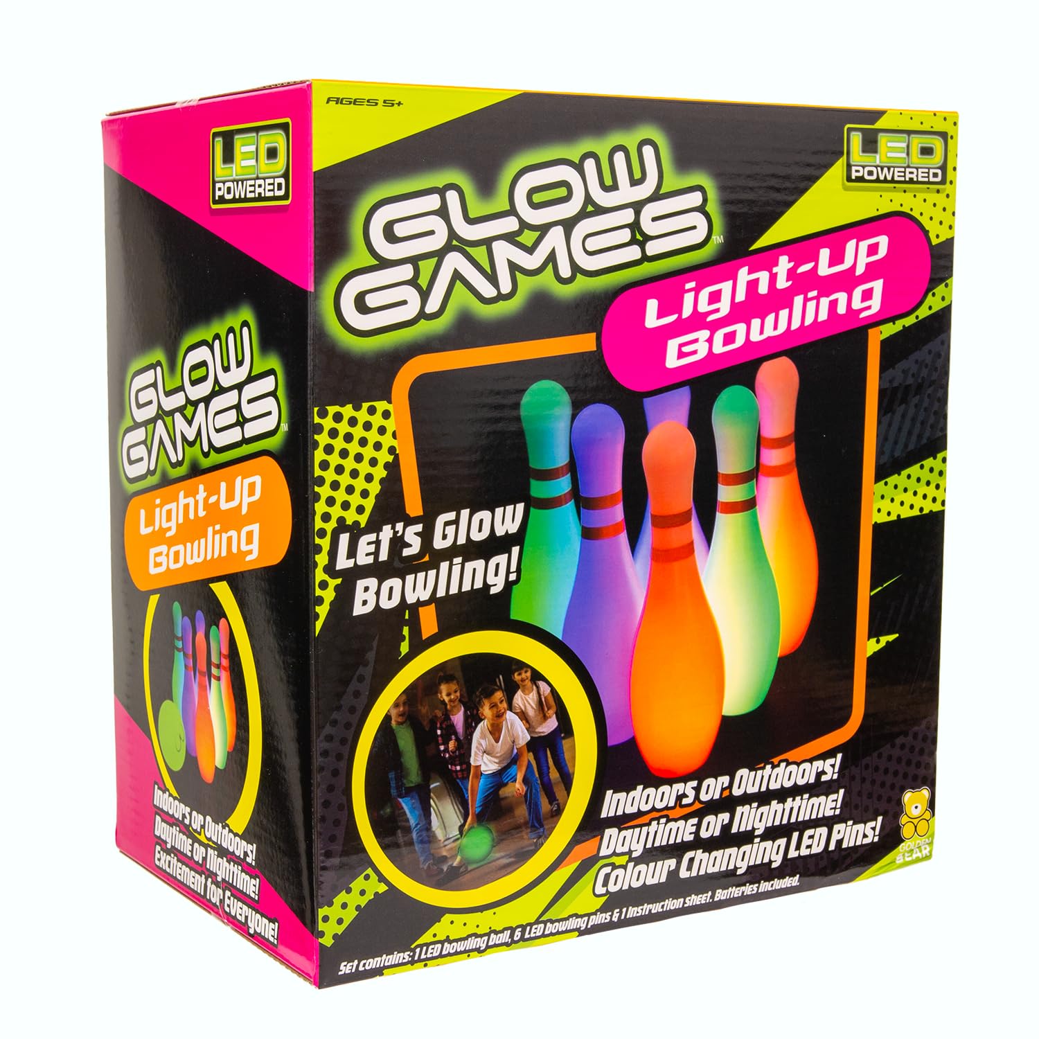 Glow in the dark bowling set with LED lights, 92592, Light up toys, for ages 5+ years.