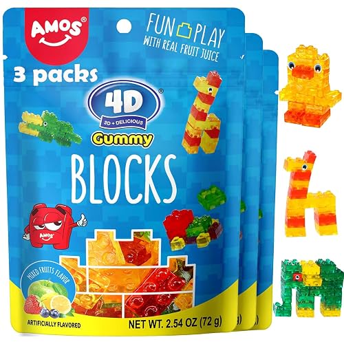 AMOS 4D Gummy Sweets Blocks & Bricks Candy, Christmas Mix Fruits Sweet 4 Flavors (Strawberry & Lemon & Blueberry & Apple), Mix Sweets Chews for Kids Party 64g/Bag- 3 Bags