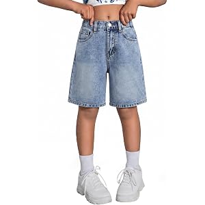 Girls Jean Shorts Baggy Wide Leg Jorts Cute Wash Bermuda Denim Shorts 8-12Y | Baggy Jorts Girls,Elastic High Waist,Soft Denim