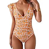 Aidonger Women's One Piece Ruffle Swimsuit Tummy Control Bathing Suit V Neck Shell Stitched Swim Suit Slimming Swimwear