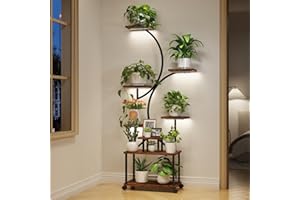 LotFun Plant Stand Indoor with Grow Lights, 8-Tiered Large Metal Plant Shelf with Wheels and Feet Pad, 61" Tall Plant Stand for Plants Multiple, L-Shaped Display Rack Flower Holder for Living Room