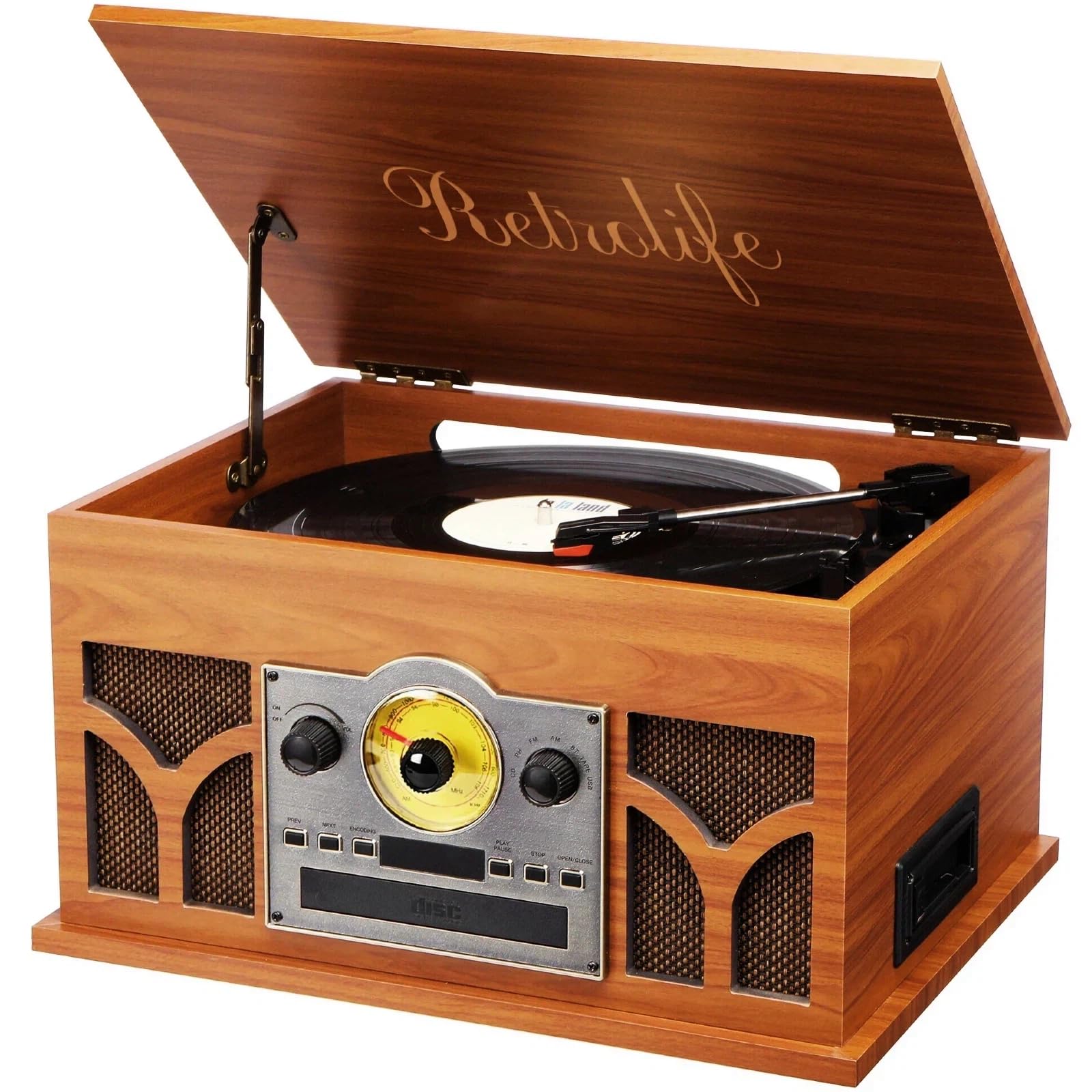 Photo 1 of 10-in-1 Record Player with Built-in Speakers Wireless Playback, CD & Cassette Player, USB Player, AM/FM Radio, 3 Speeds Turntable Vinyl Record Player Mahogany