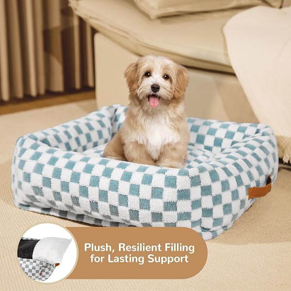 NXWJOY CUTE DOG BED FOR SMALL MEDIUM DOGS – WASHABLE RECTANGLE PET BED WITH REMOVABLE COVER AND NONSKID BOTTOM, CUTE CALMING PUPPY BED SOFT PET SOFA, BLUE GRID, 28X24X7IN