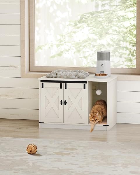 HZUANERI CAT LITTER BOX ENCLOSURE, HIDDEN LITTER BOX CABINET FURNITURE WITH BELL, INDOOR CATS HOUSE, FARMHOUSE STYLE, 31.5 X 19.7 X 20.9INCHES, FOR HALLWAY, BEDROOM, WHITE CB82414B