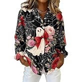 Halloween Shirts for Women Long Sleeve Pumpkin Print Button Down Blouse