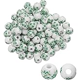 PATIKIL 120 Pcs Ceramic Beads for Jewelry Making, 10mm Flower Printed Round Porcelain Beads Handmade Glazing Beading Supplies for Earring Necklace Bracelets DIY Crafts, Green Floral