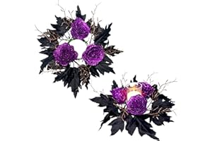 PALONMY 2pcs 11.8" Halloween Candle Rings Wreaths Artificial Glitter Purple Roses Dead Branches Black Leaves Candle Rings Holder Halloween Mini Wreaths for Table Centerpiece Home Dinner Table Christmas Decor