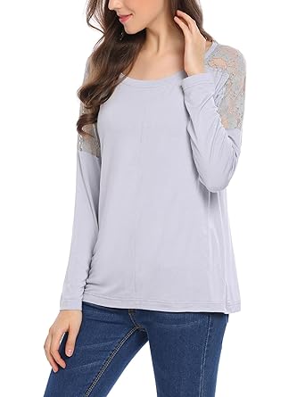 Meaneor Damen Langarmshirt Schulterfrei Bluse mit Spitze Rundhals Oberteil Schnürung Schulter Top Tunika in 4 Farbe