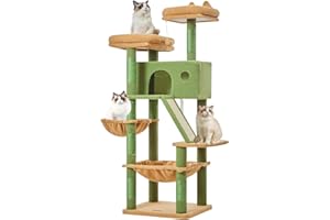 Taoqimiao 57.5-Inch Cat Tree for Large Cats, Plush Multi-Level Cat Condo with 8 Scratching Posts, 2 Perches, Cave, Hammock, 2 Pompoms, Scratch Board for Indoor Cats -MSC026 Cactus