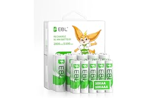 EBL Rechargeable Batteries Combo, AA 2800mAh (10 Pack) and AAA 1100mAh (10 Pack) High Capacity Precharged Ni-MH Rechargeable Batteries with Battery Organizer Storage Box