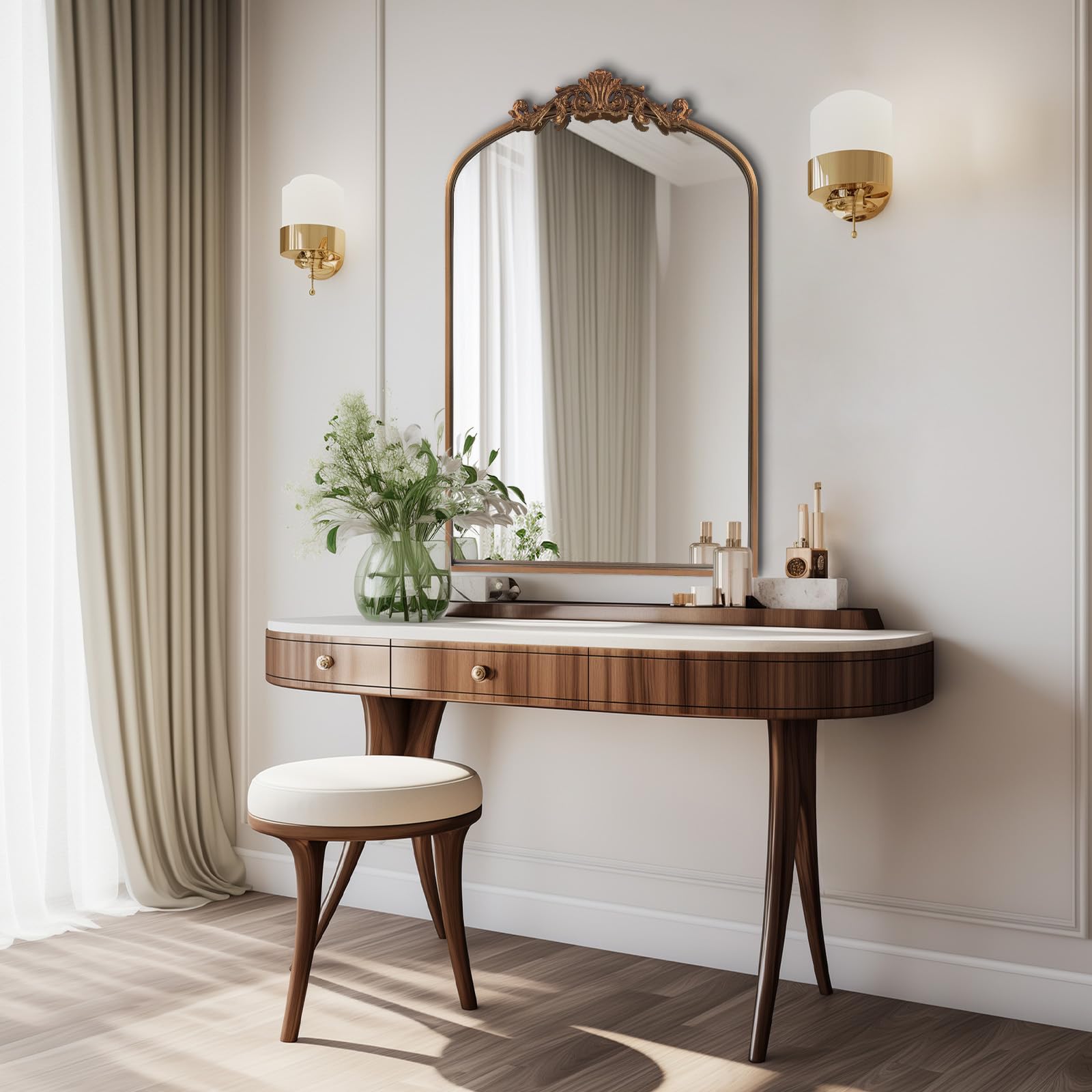 HQiJun Wall Mirror Window Decorative Traditional Vintage Ornate Baroque Mirrors Antique Arched Farmhouse for Living Room Bedroom Entryway Bathroom Vanity (24 * 36 * 1.2, Gold)