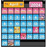 REGELETO Large 44 Pockets Calendar Pocket Chart for Classroom with 85 Cards, Monthly Calendar and Weather Black Pocket Chart 