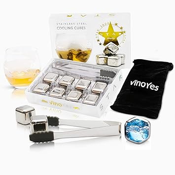 VinoYes Premium Whisky Steine – 8 Kühlsteine als Geschenk Set für Whiskey | Mit Zange + Stoffbeutel. Wiederverwendbare Eiswür