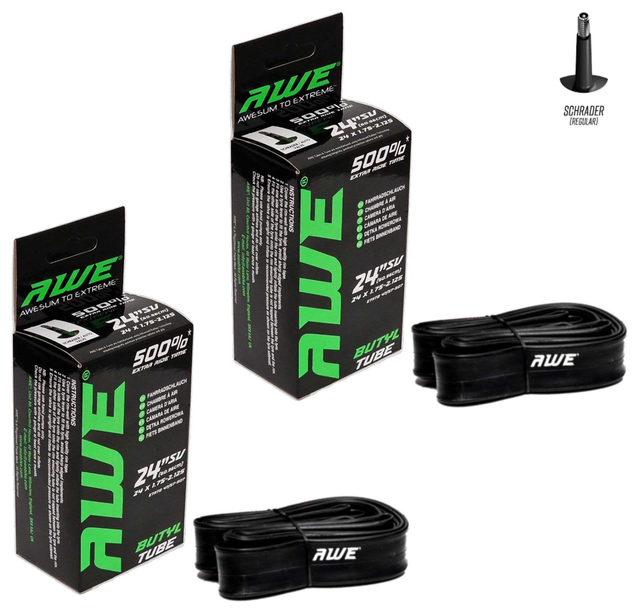 2 X AWE Butyl Rubber 24 Inch Inner Tube 500%* Extra Ride Time 24 x 1.75-2.125 Schrader Valve