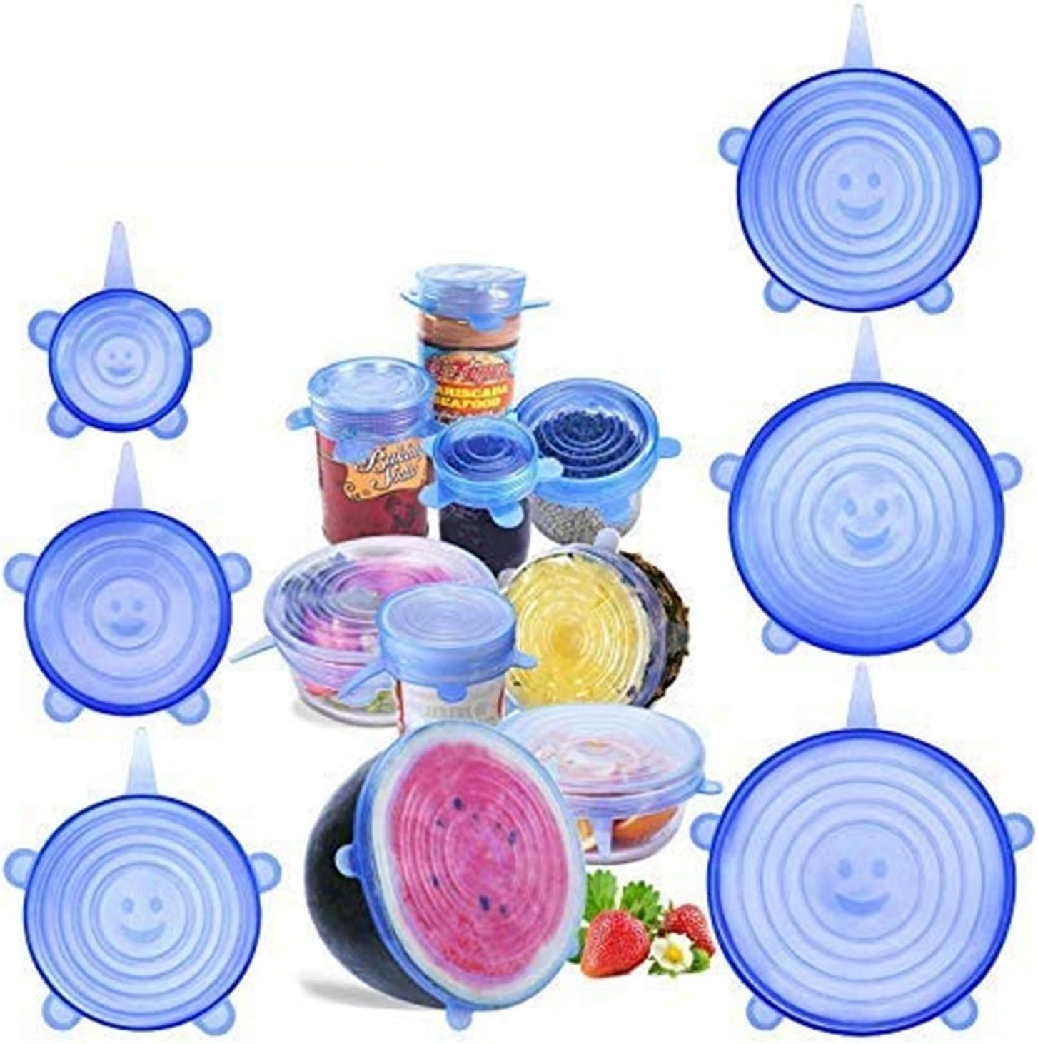 BeEcone Store Silicone Stretch Food Covers Lids - Various Sizes Reusable Durable and Expandable Containers Preservative Wrappers for Fruits & Vegetables or Bowls, Mugs, Dishes and Cans (BLUE)
