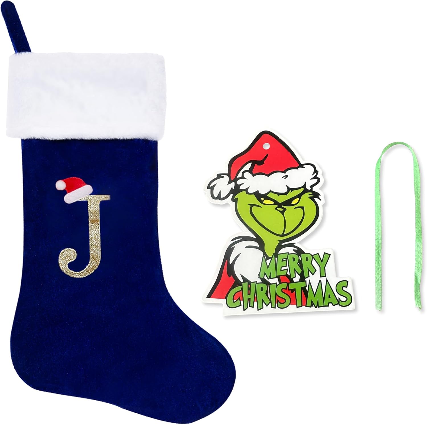 Stockings & Holders - CRSTAFU Christmas Stocking Personalized Monogram, 20 Inches Family Initial Xmas Stockings, Super Soft White Plush Cuff with Deluxe Blue Velvet Body and Gold Letter(J)