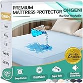 OhGeni 100% Waterproof Mattress Protector, Queen Size Blue, Fitted Sheet with Deep Pockets, 6''-18'', Premium Noiseless Breathable Soft Material, Mattresses Cover for Bed