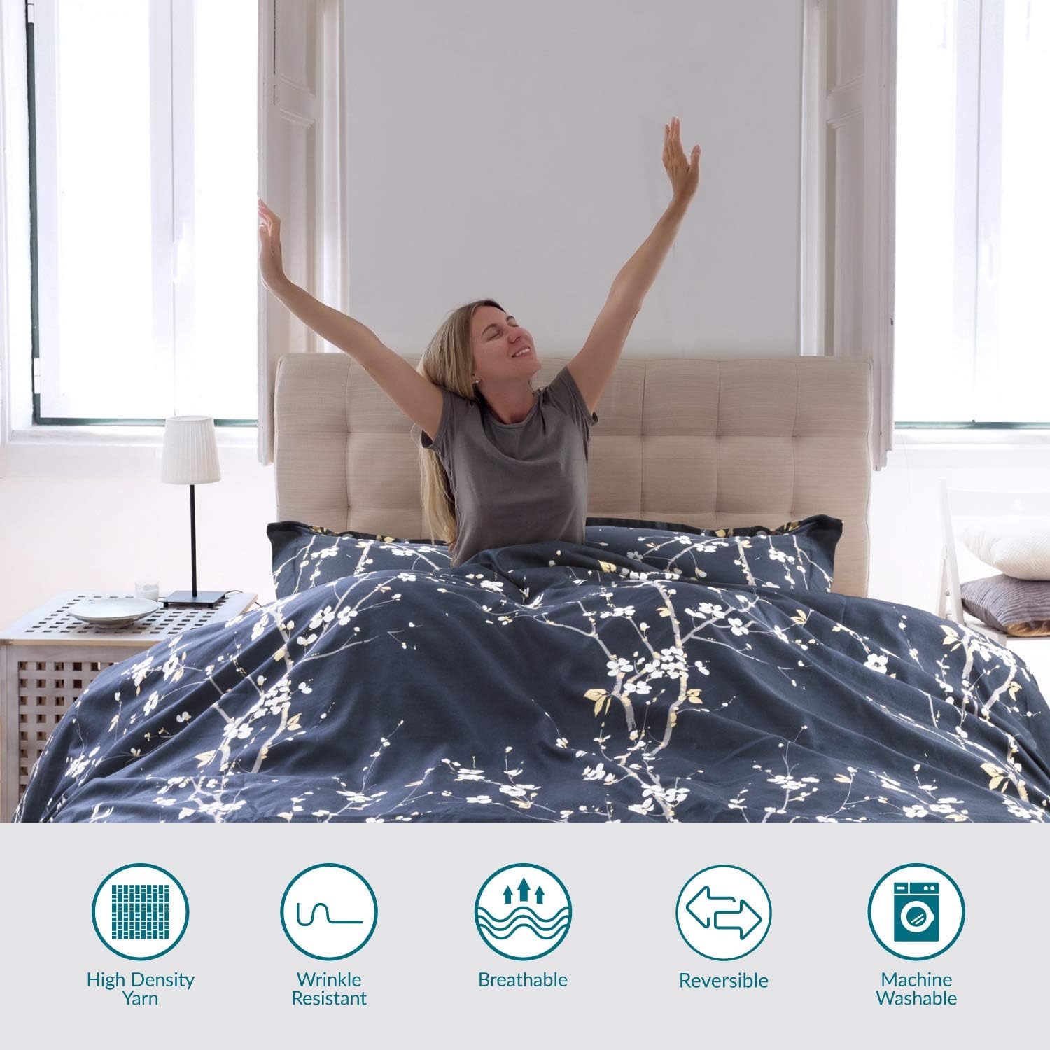 Bedsure Spring Bloom Pattern Bedding Set Full/Queen (90x90 inches) Duvet Cover Set Navy Printed Modern Comforter Cover-3 Pieces-Ultra Soft Hypoallergenic Microfiber: Home & Kitchen
