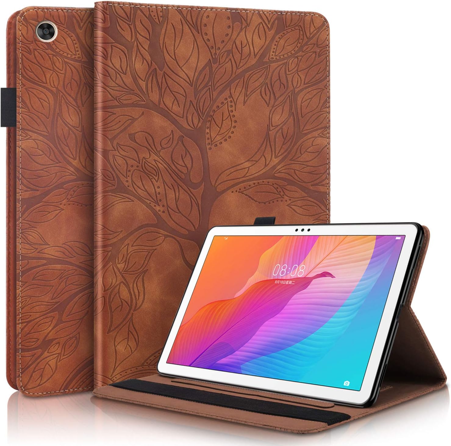 CaseFun Case for Huawei MatePad T10S T10 2020 tablet Slim PU Leather Life Tree Pattern Flip Wallet Stand Cover Anti Slip with Pencil Card Holder,Huawei MatePad T 10S/T 10 Brown