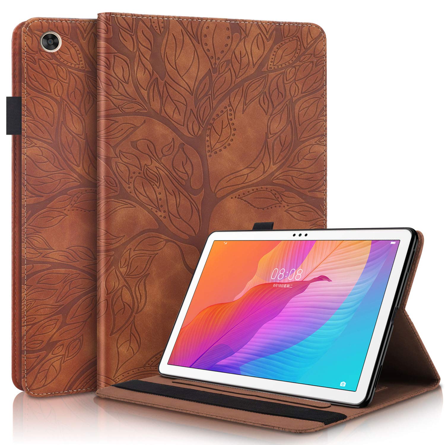 CaseFun Case for Huawei MatePad T10S T10 2020 tablet Slim PU Leather Life Tree Pattern Flip Wallet Stand Cover Anti Slip with Pencil Card Holder,Huawei MatePad T 10S/T 10 Brown