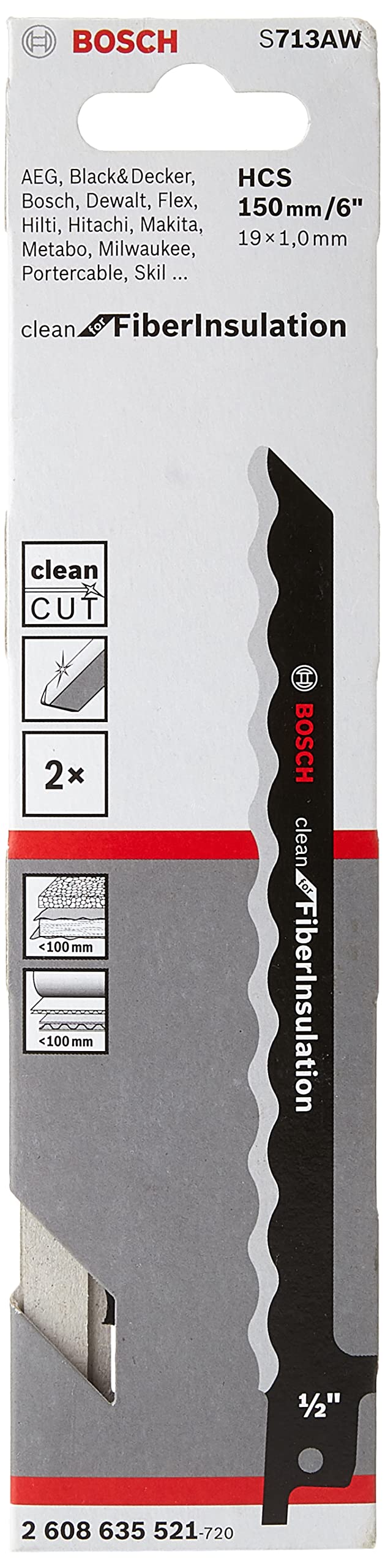 Bosch Professional 2 pieces Sabre Saw Blade S 713 AW Clean for Fibre Insulation (150 x 19 x 1 mm, sabre saw accessories)