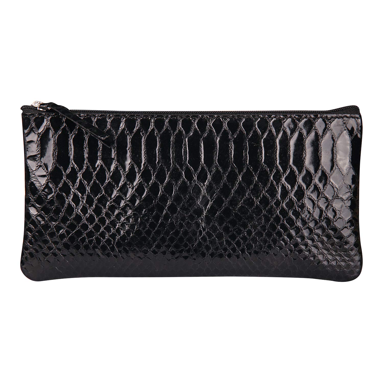 Clairefontaine - Ref 410181C - Reptile Design Leather Flat Pencil Case - 22 x 11cm, Made From Genuine Lambskin Leather, Metal Zip With Leather Puller - Black Python