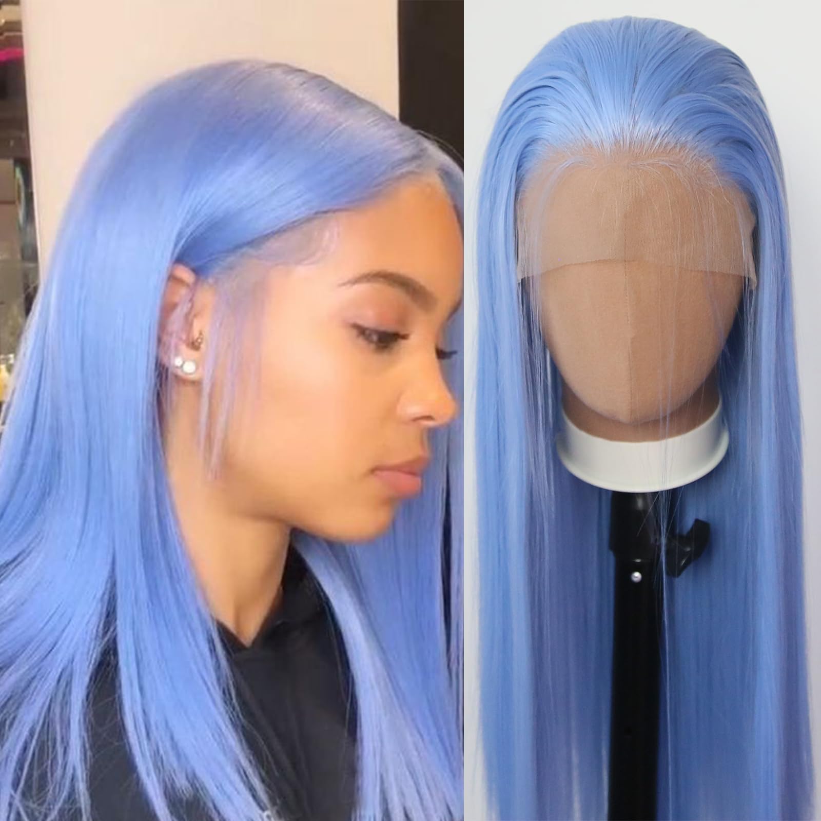 Towarm Long Straight Light Blue Wig Synthetic Lace Front Wigs Pre Plucked Natural Hairline for Black Women Glueless 13x3.5inch Hand Tied High Temperature Fiber Daily Wear Cosplay Wig (Light Blue)