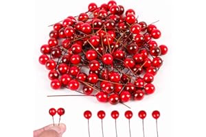 DIYASY 100 pcs Artificial Holly Berries, Mini 10 mm Christmas Fake Berries with Wire Stems Xmas Red Berry Stems Picks for Christmas Tree Decorations Wreath Craft Wedding Party Decor