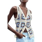 WDIRARA Women's Hollow Out Crochet Sweater Vests Button Down V Neck Sleeveless Cardigan Knit Tank Tops
