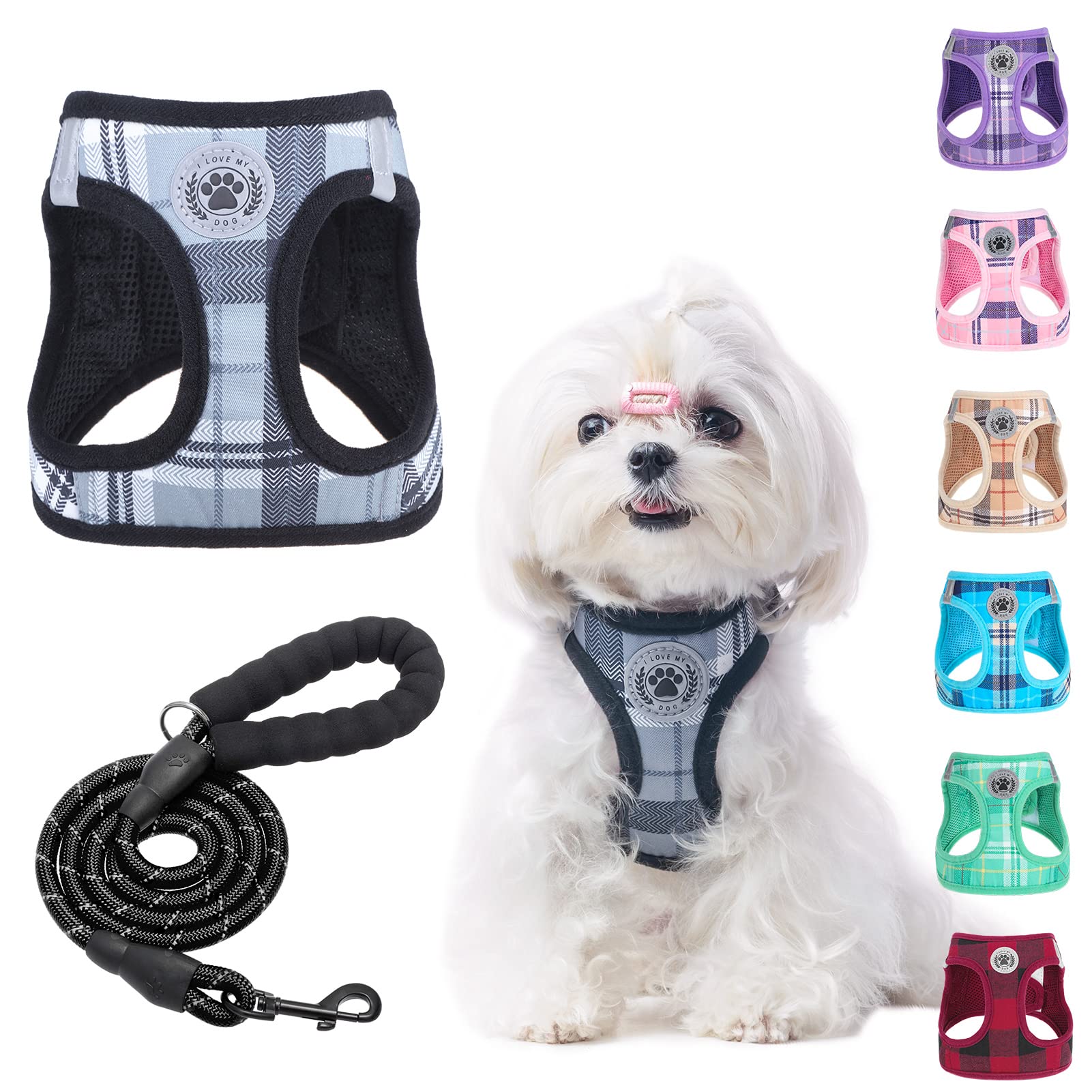 BEAUTYZOO Small Dog Harness and Leash Set,Step in No Choke No Pull Soft Mesh Dog Harnesses Reflective for Extra-Small Medium Puppy Dogs and Cats, Plaid Dog Vest Harness for XS S Pets, Grey XS — image 1