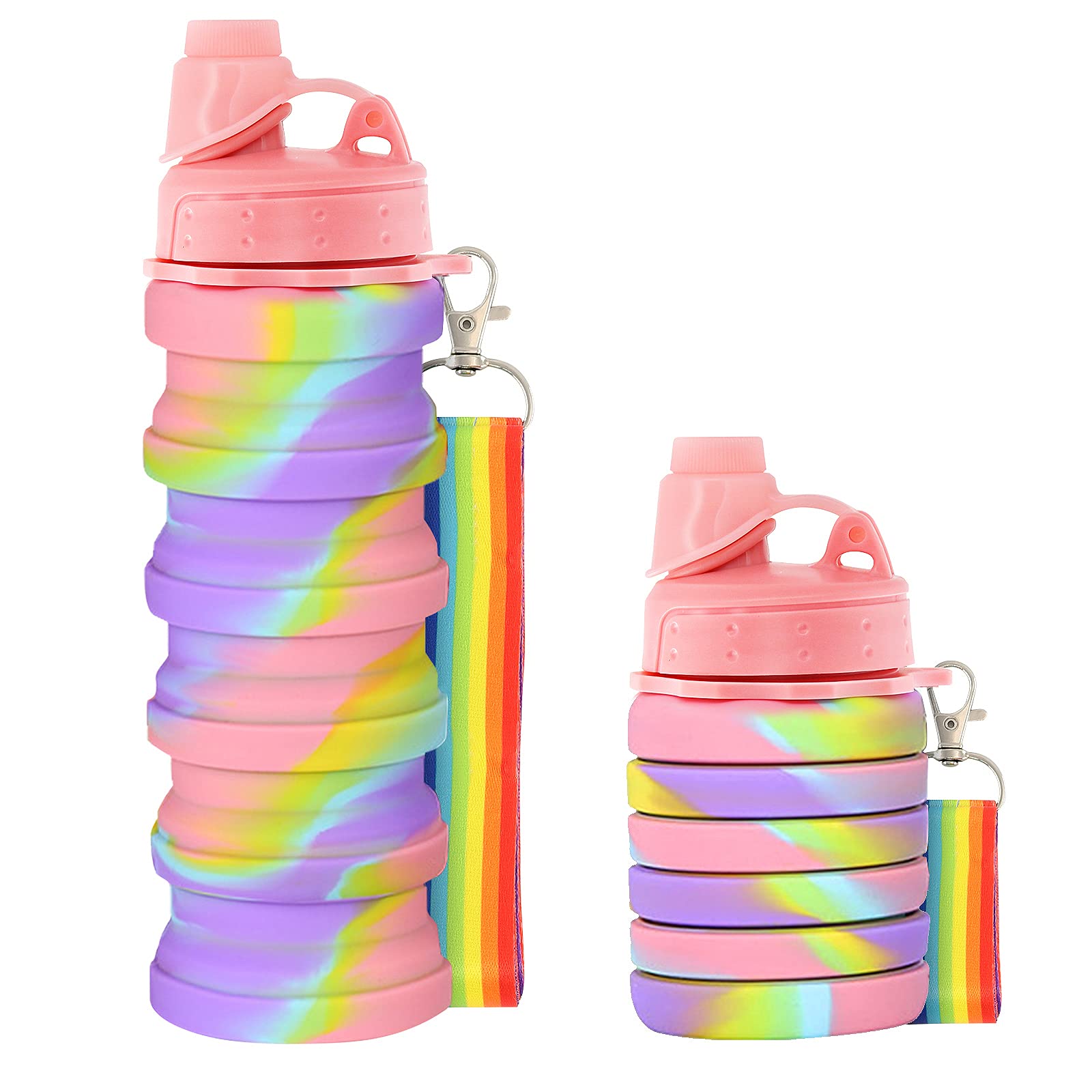 Newthinking Silicone Water Bottle for Kids, 500 ml Portable Collapsible Water Bottles, Leak Proof Silicone Drink Bottles with Lanyard Straps for Girls and Boys (Pink)