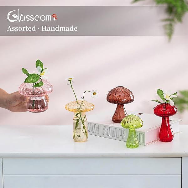 GLASSEAM MUSHROOM PROPAGATION VASE, COLORED FLOWER VASES DECORATIVE SET OF 10, UNIQUE SMALL GLASS VASES FOR FLOWERS,AESTHETIC MINI CUTE VASE DECOR, HYDROPONIC BUD VASE FOR BEDROOM BATHROOM KITCHEN