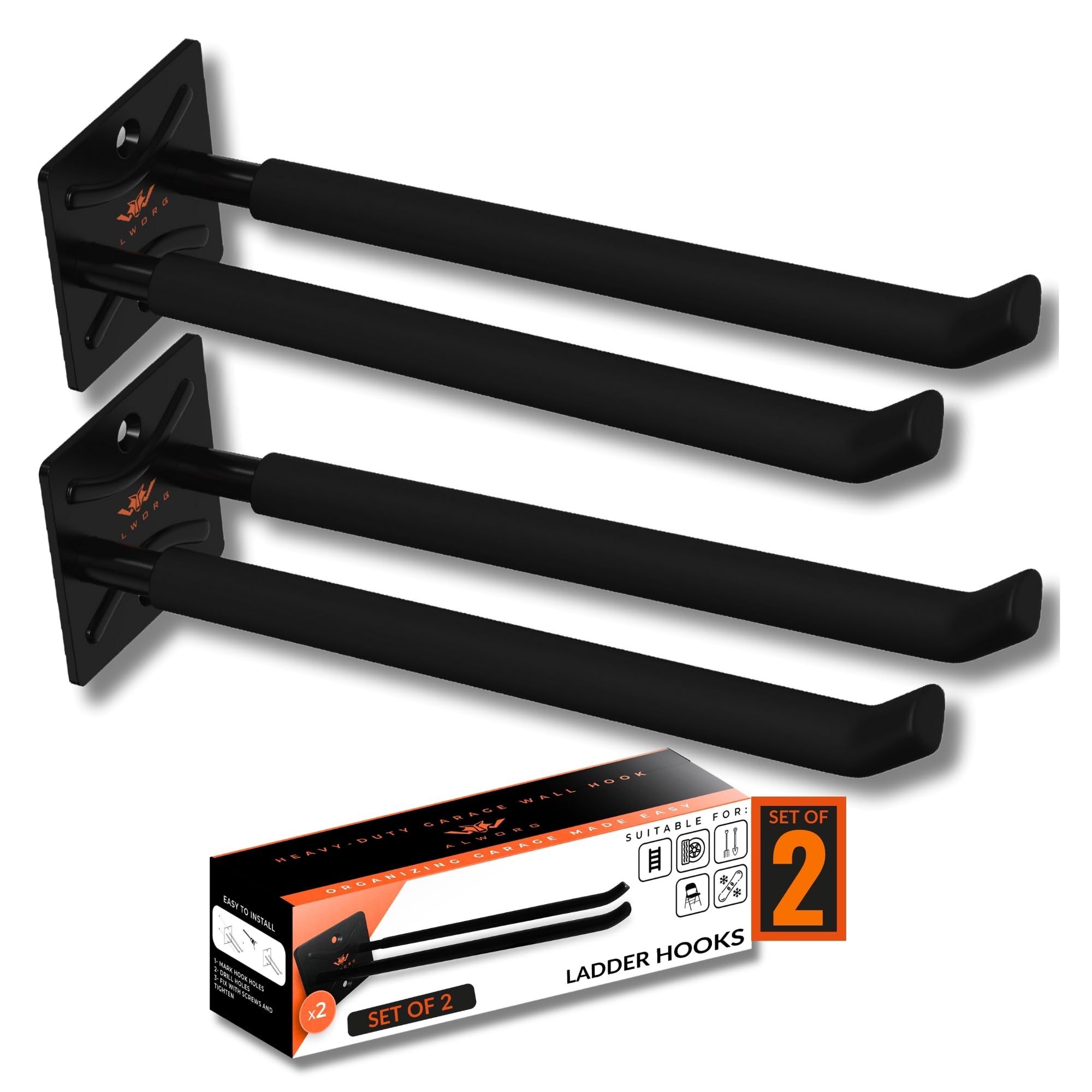ALWORG Ladder Hooks for Garage Wall - Heavy Duty Storage Hangers Wall Mount Brackets to Hang Garden & Shed Tools, Chairs, Tire and More - Van Storage Solutions