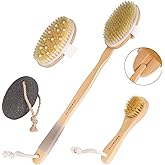 BONUMVITA Dry Brushing Body Brush Set- Wooden Long Handle Body Brush Set with Pumice Stone & Face Brush, Boar Bristle Body Bath Scrubber Brush for Lymphatic Drainage & Cellulite, Detachable