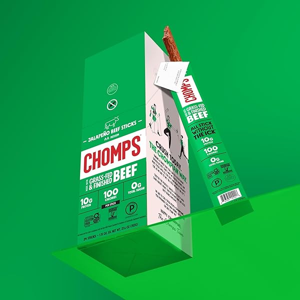 CHOMPS GRASS-FED AND FINISHED JALAPEÑO BEEF JERKY SNACK STICKS 24-PACK – KETO, PALEO, WHOLE30, 10G LEAN MEAT PROTEIN, GLUTEN-FREE, ZERO SUGAR FOOD, NON-GMO