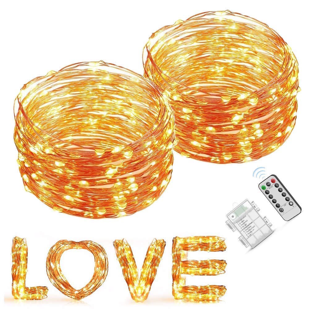 Elebor LED Fairy Lights, 2 Packs 33ft 100LED Remote Control Waterproof Deco Rope Lights Battery Operated String Lights Copper Wire Lights for Christmas (Warm)