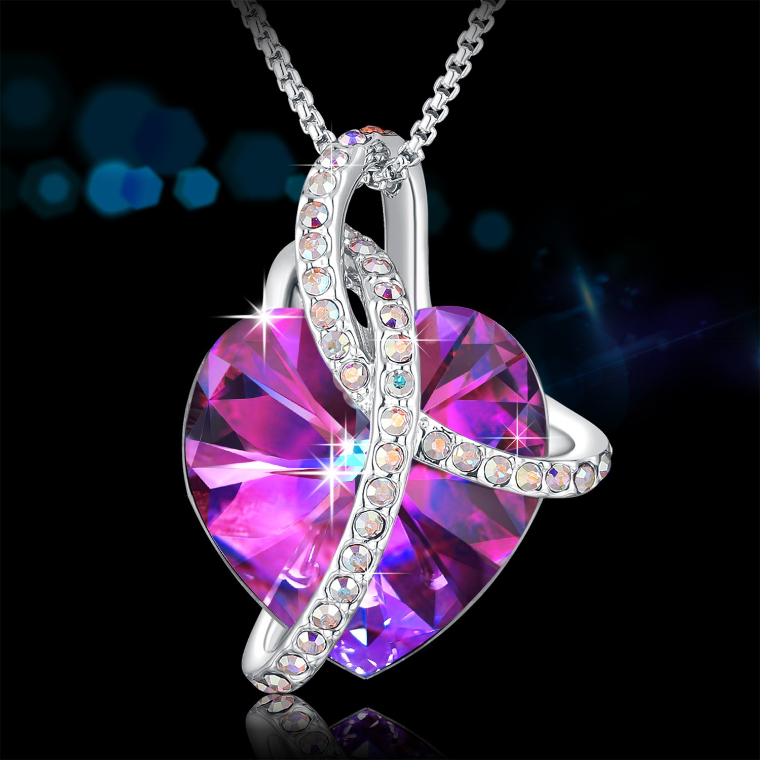 Swarovski Element Necklace Color Changing Crystal Courageous Love Heart Pendant Necklace for Women, Birthday Birthstone Jewelry Gifts for Girl, Amethyst Purple Pink, 18\