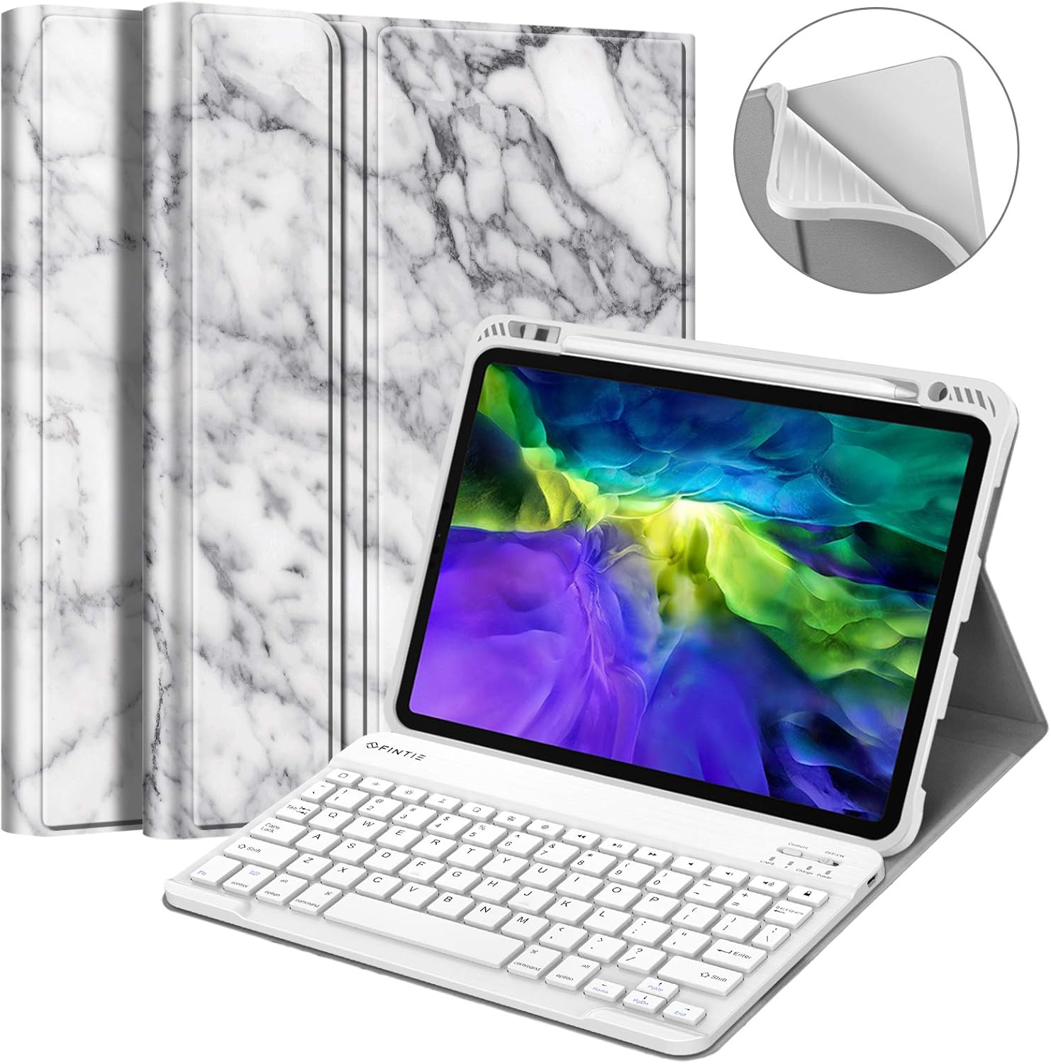 Fintie Keyboard Case for iPad Pro 11" 2020/2018 [Supports 2nd Gen Pencil Charging] - Soft TPU Back Cover with Pencil Holder, Magnetically Detachable Wireless Bluetooth Keyboard, Marble White