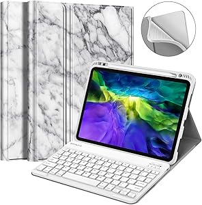 Fintie Keyboard Case for iPad Pro 11" 2020/2018 [Supports 2nd Gen Pencil Charging] - Soft TPU Back Cover with Pencil Holder, Magnetically Detachable Wireless Bluetooth Keyboard, Marble White