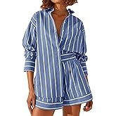 Tankaneo Womens 2 Piece Outfits Striped Long Sleeve Button Down Collared Shirt Matching Shorts Sets
