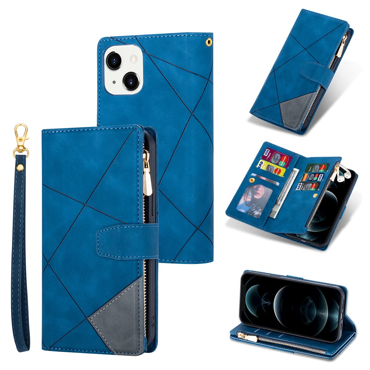 UEEBAI Wallet Case for iPhone 14 6.1 inch, Vintage Premium PU Leather Cover Flip Case with Card Slots Magnetic Closure Zipper Pocket Kickstand Handbag with Hand Strap - Blue