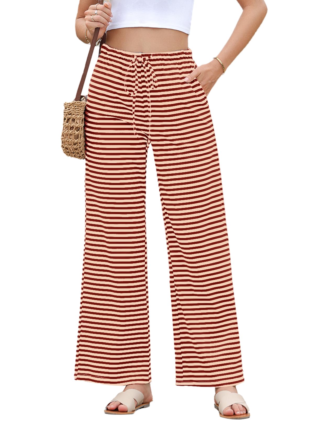 Photo 1 of EVALESS Wide Leg Pants for Women Ribbed Knit Drawstring Elastic Waist Cute Loose Fited Sweatpants Trousers with Pockets Petite Red and White Striped Small