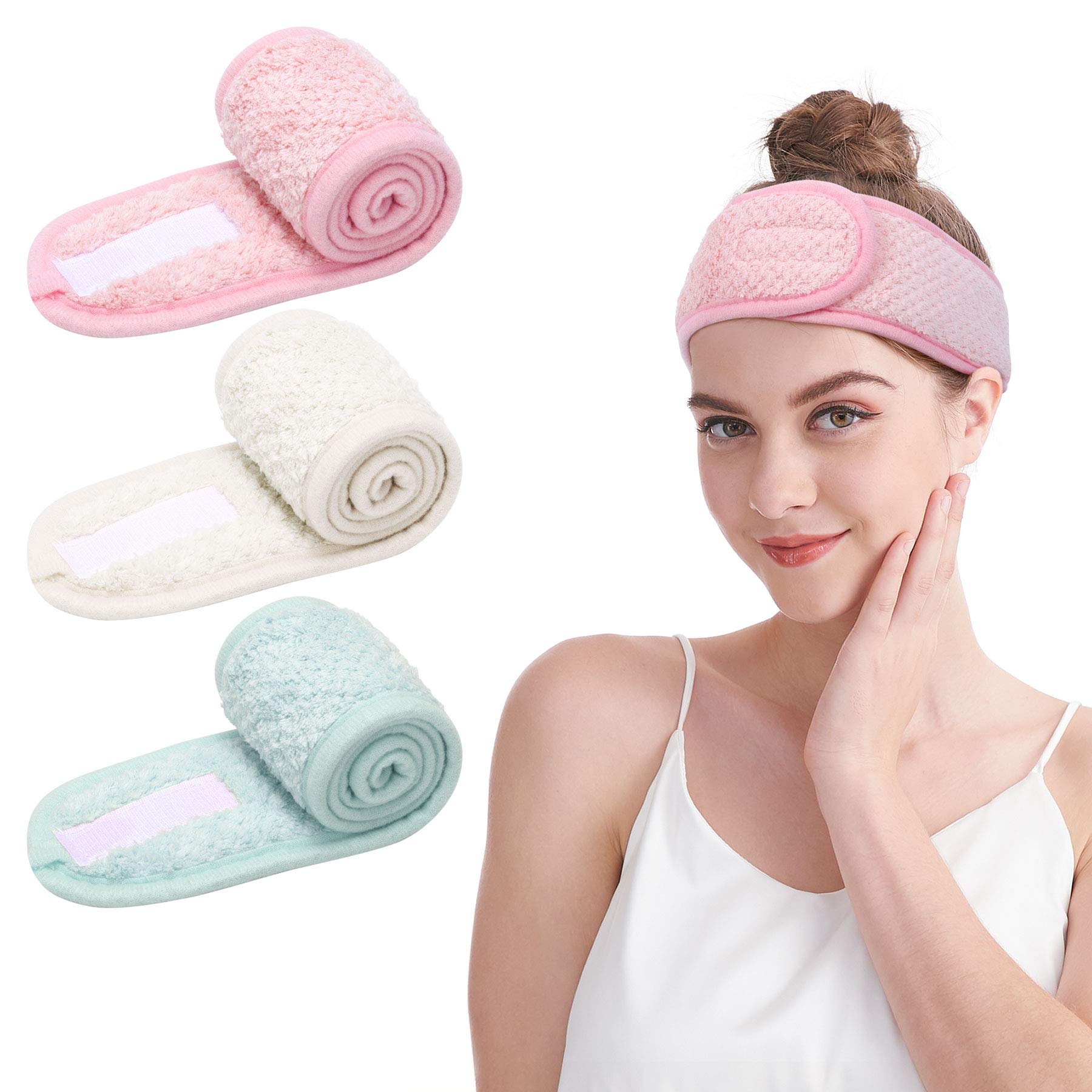Spa-Stirnband - 3 Stück Gesichts-Make-up-Stirnband verstellbar dehnbar mit Magic Tape für Dusche Bad Sport