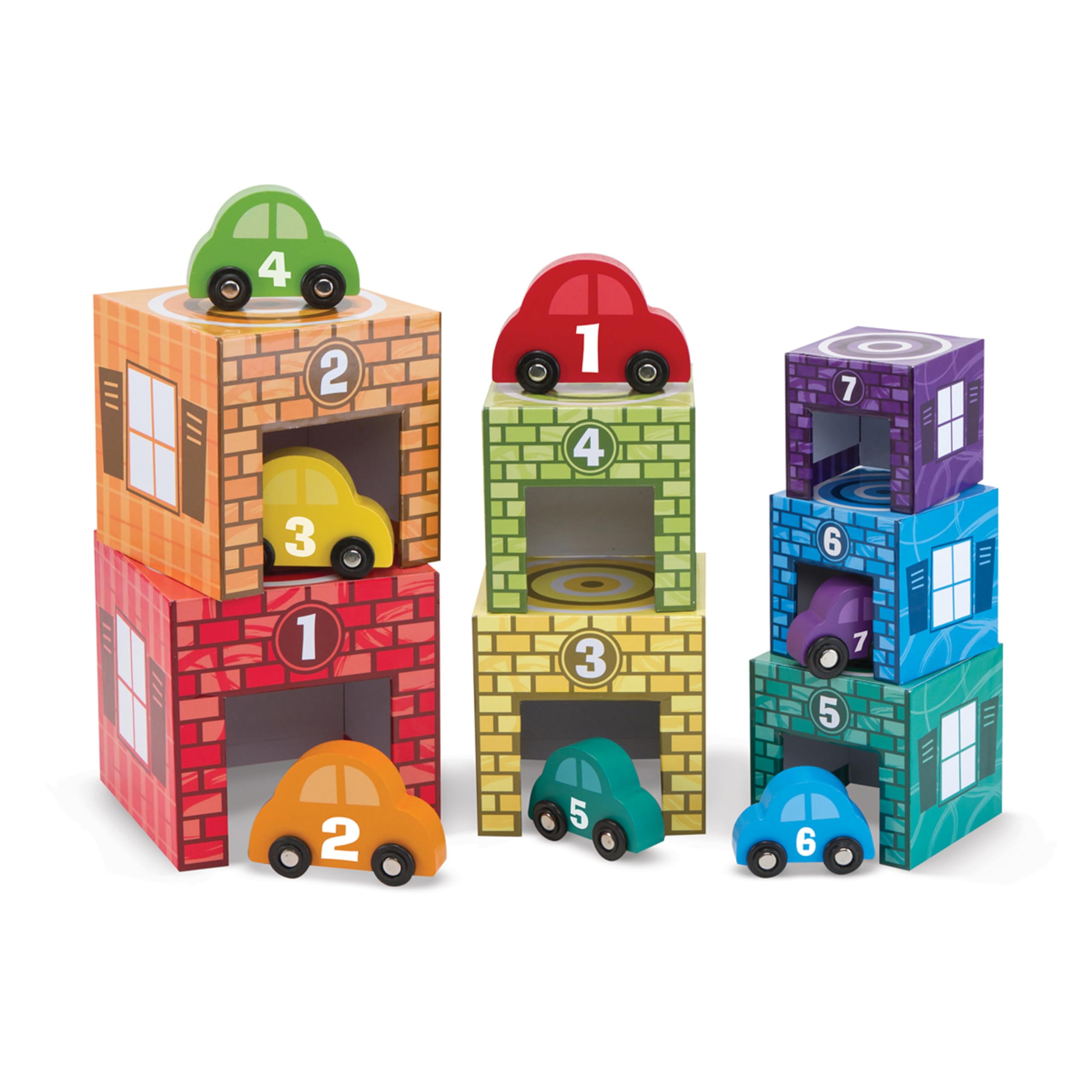 Photo 1 of Melissa & Doug Nesting and Sorting Garages and Cars with 7 Graduated Garages and 7 Stackable Wooden Cars - FSC Certified