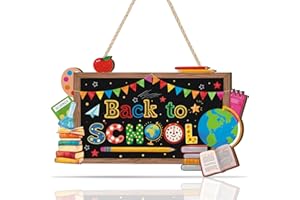 Aryroi Back to School Wood Sign,Blackboard Welcome Door Sign,Classroom Wall Decor,First Day of School Wooden Plaque Book Globe Apple Pencile Decoration for Student Class Nursery Home Room Office